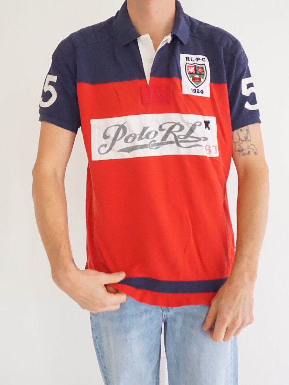 Polo Ralph Lauren Navy Red White Colour Block Crest Logo Rugby Polo Custom Fit L